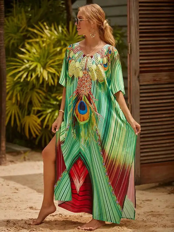Chic Women's Long Caftan Print Cover-Up - Boho Beach Maxi Dress & Bathing Suit Abaya Outfits - Estalios
