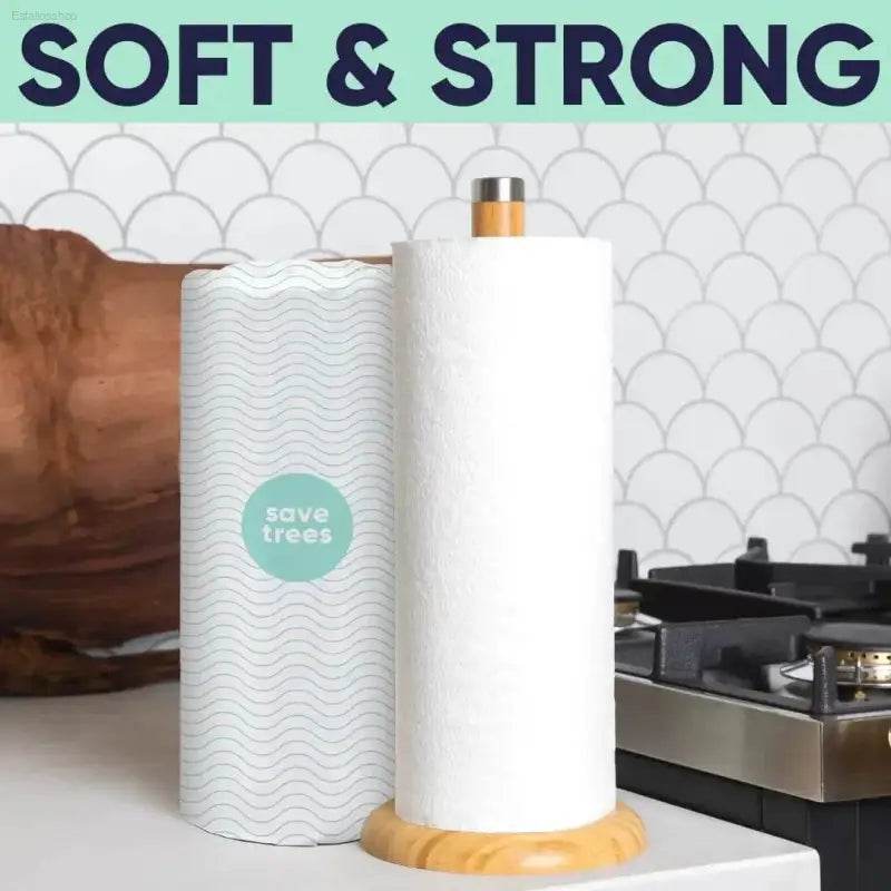 Paper towels on a wooden holder.