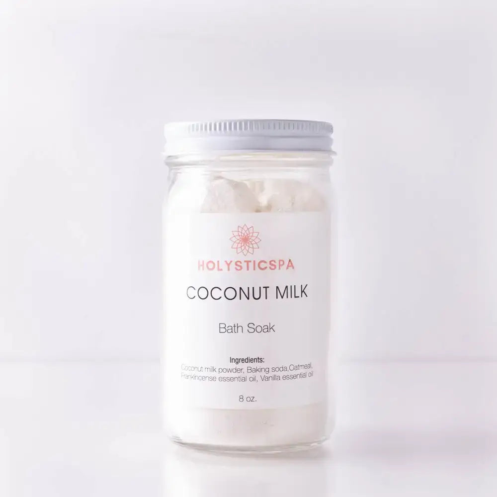 Jar of Coconut Milk Bath Soak Bliss, infused with vanilla essential oil for relaxation