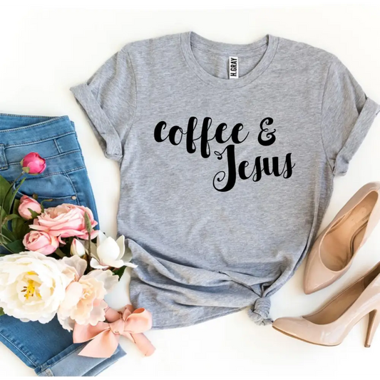 Heather gray Coffee & Jesus t-shirt, perfect for casual wear and sold out vibes