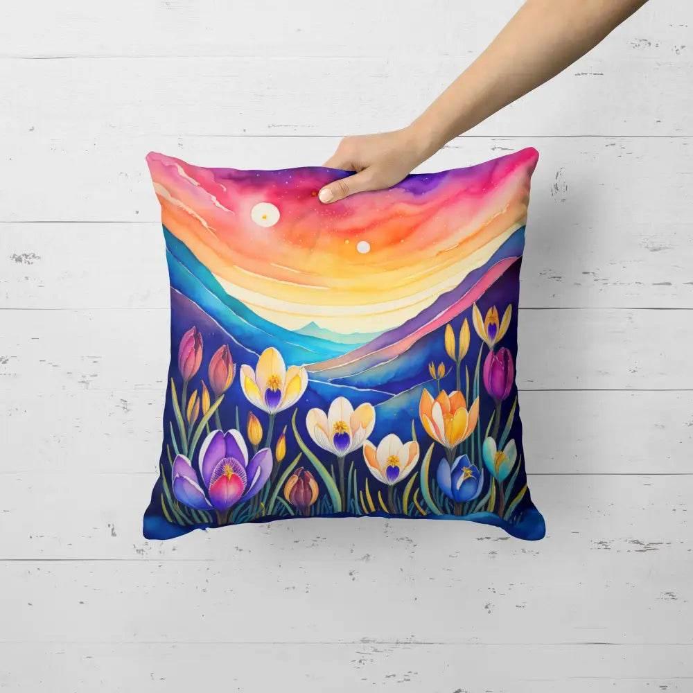 Colorful Crocus Throw Pillow Machine Washable for Indoor Outdoor Use - Estalios
