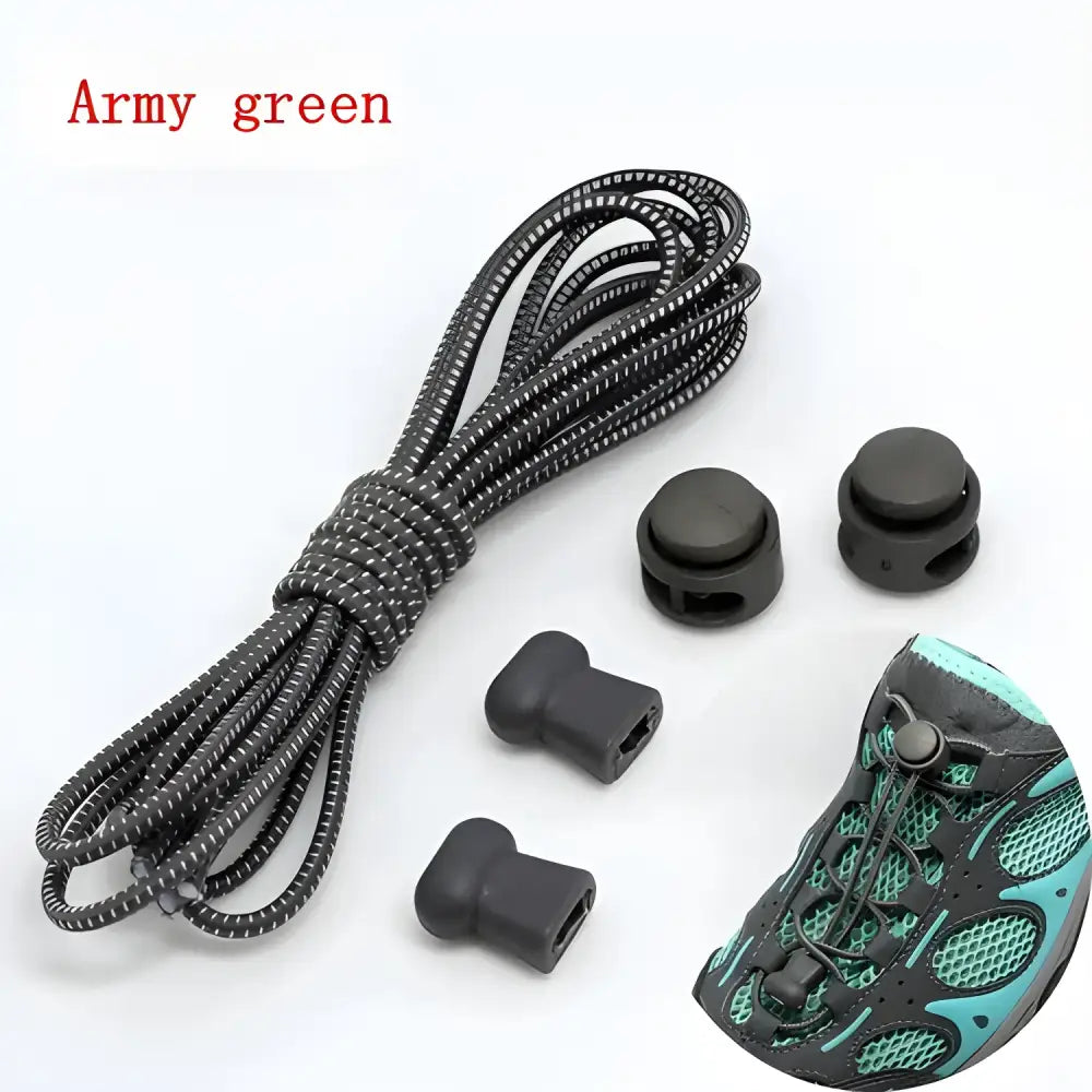 Army green elastic shoelaces with toggles for colorful and secure round locking styles