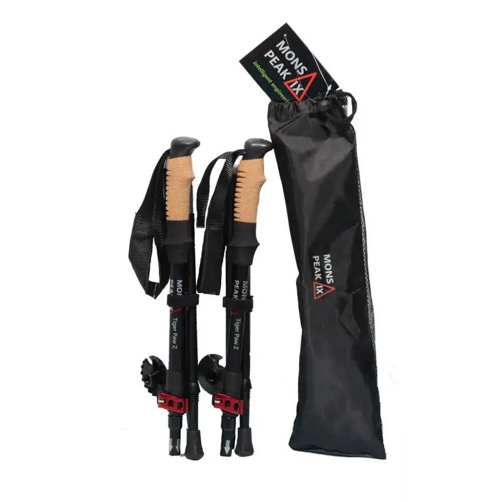 Black and red Peak IX Tiger trekking poles with cork handles and bag for Mons Peak adventures