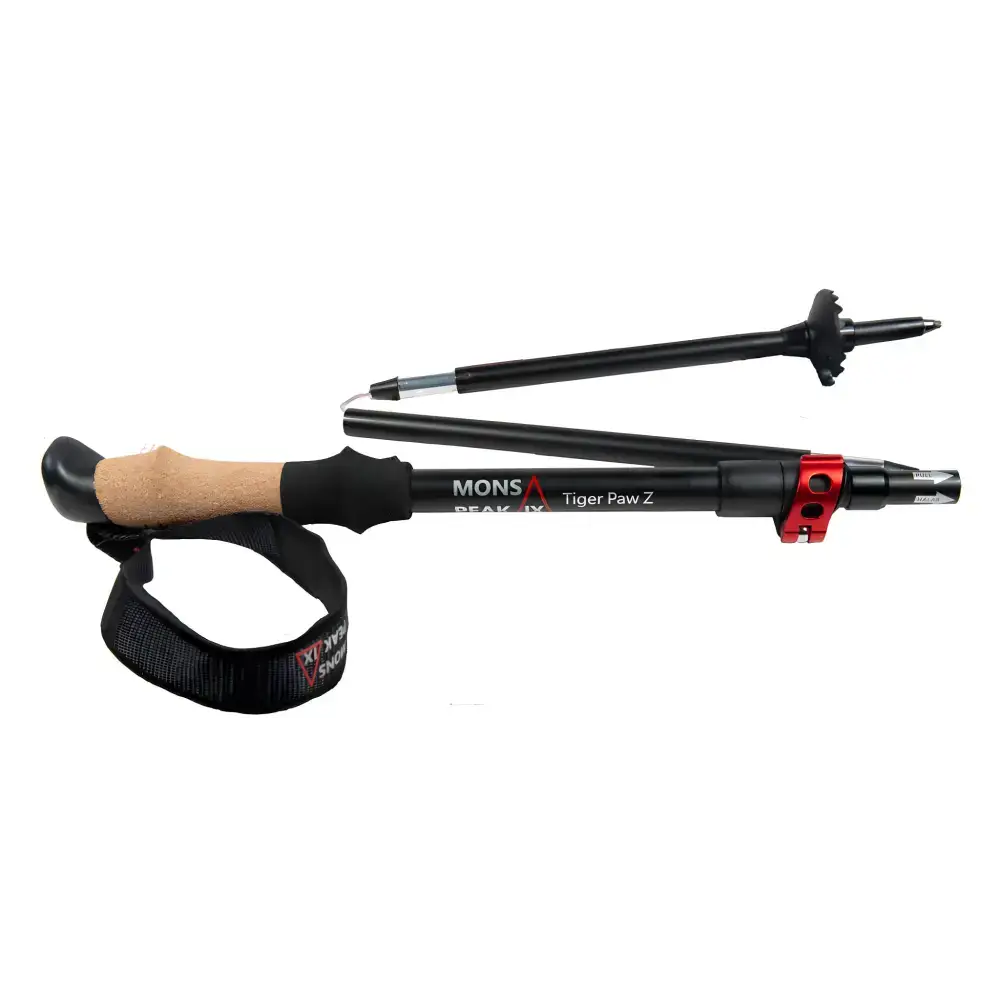 Black and red trekking pole for conquering Mons Peak with Peak IX Tiger gear