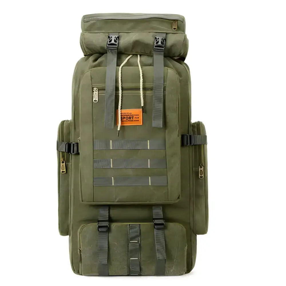 Olive green hiking backpack for waterproof outdoor camping and hiking 100L large capacity