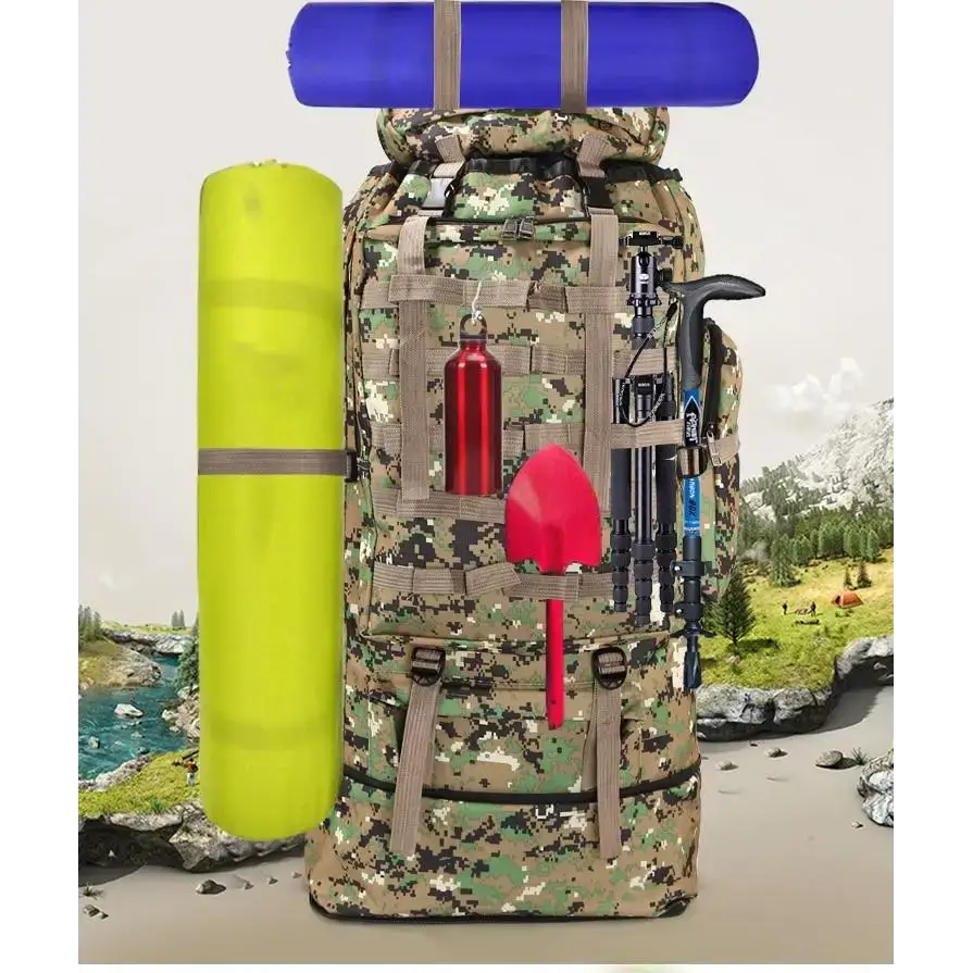 Camouflage hiking backpack with gear, perfect for waterproof outdoor camping adventures