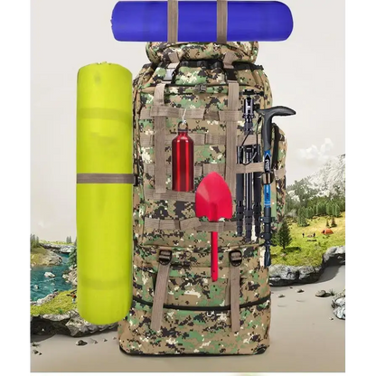 Camouflage hiking backpack with gear, perfect for waterproof outdoor camping adventures