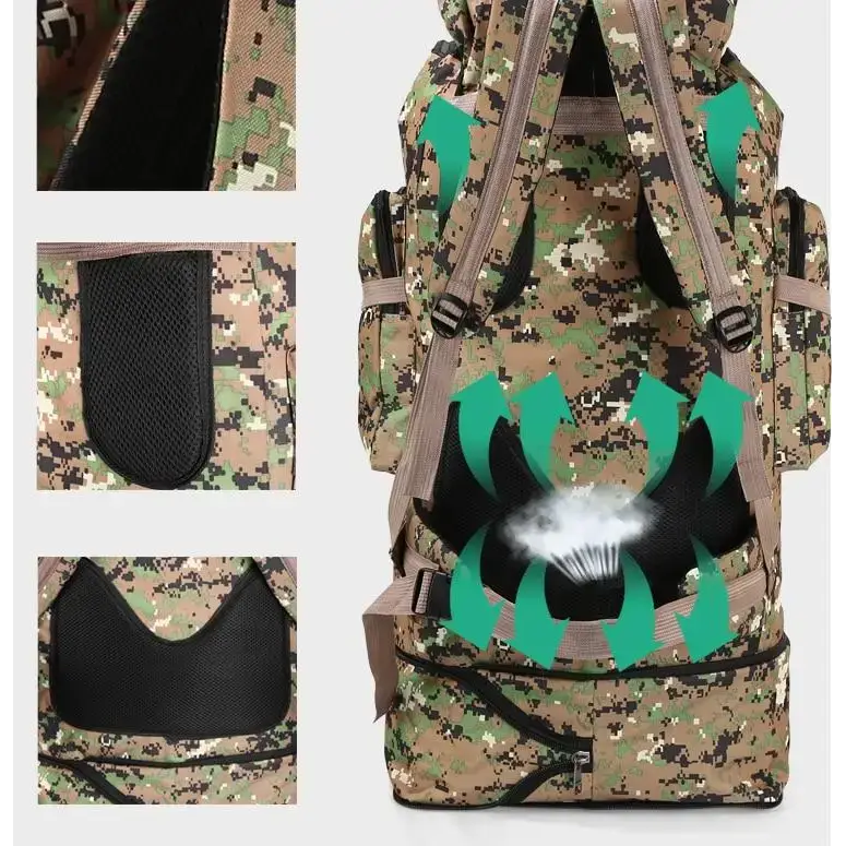 Camouflage backpack with ventilation ideal for camping hiking 100L adventures