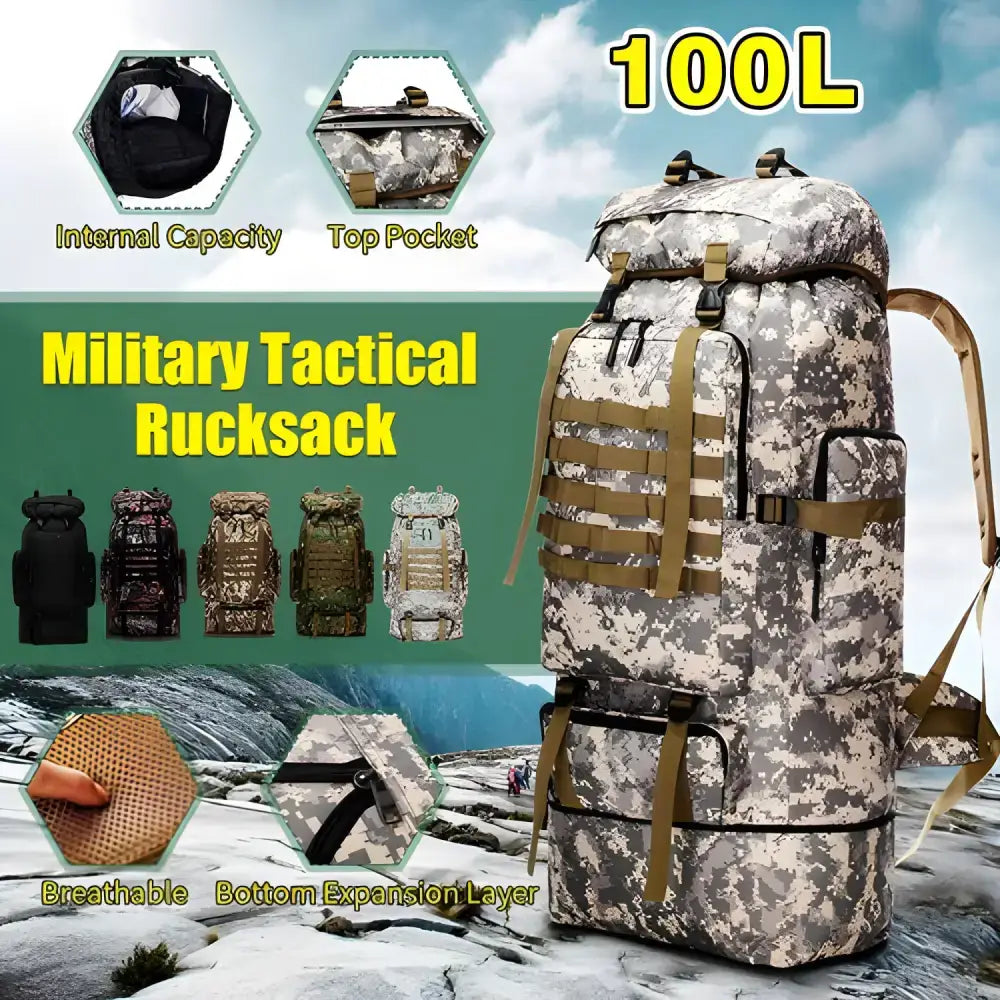 Camouflage military rucksack for waterproof outdoor camping and hiking 100L large capacity