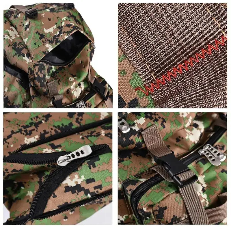 Camouflage backpack with zippers and straps, perfect for waterproof outdoor camping adventures