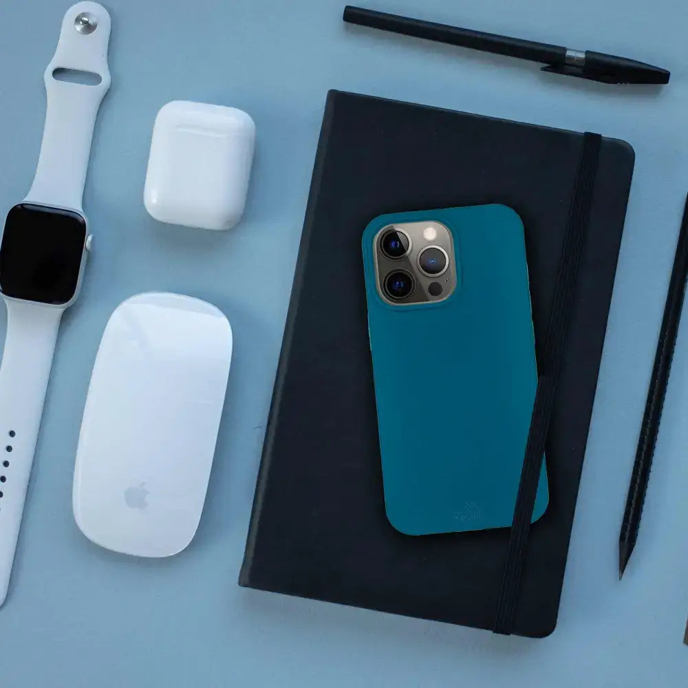 Teal-cased smartphone with triple-lens camera in Biodegradable iPhone Mini Cases