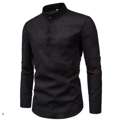 Black long-sleeved mandarin-collar shirt from Cool Linen solid color men loose shirts