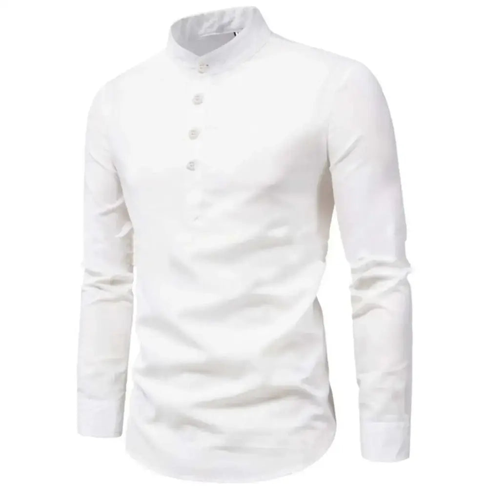 White long-sleeved mandarin collar shirt from Cool Linen & Solid Color Men Loose Shirts