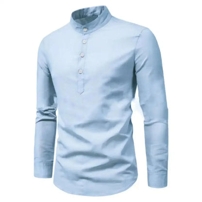 Light blue mandarin collar shirt from Cool Linen & Solid Color Men Loose Shirts