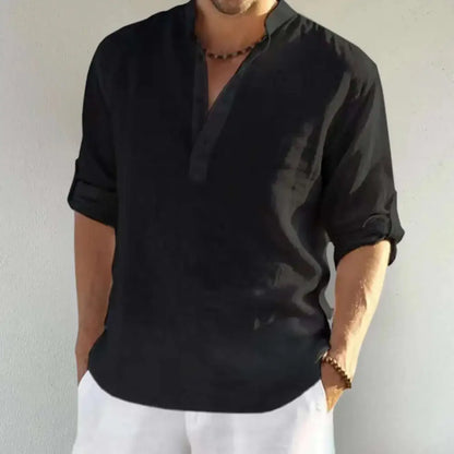 Black linen shirt with rolled sleeves from Cool Linen & Solid Color Men Loose Shirts