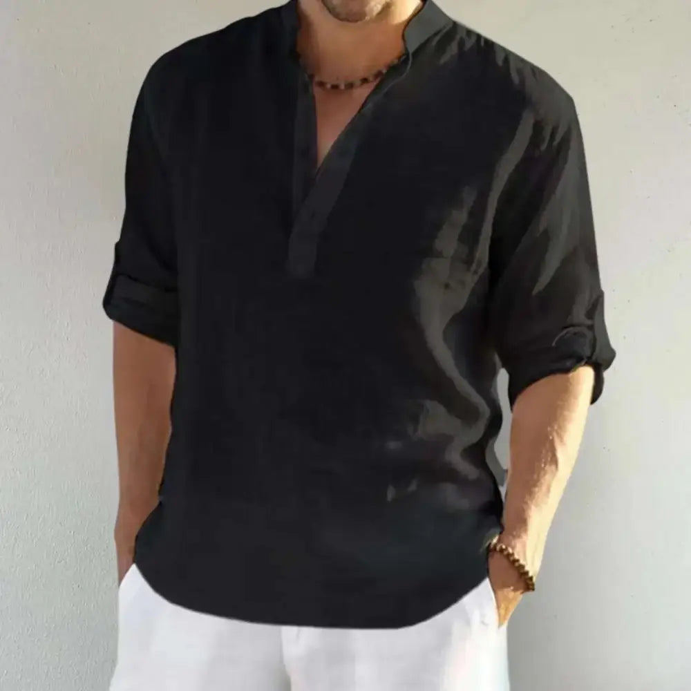 Black linen shirt from Cool Linen & Solid Color Men Loose Shirts collection