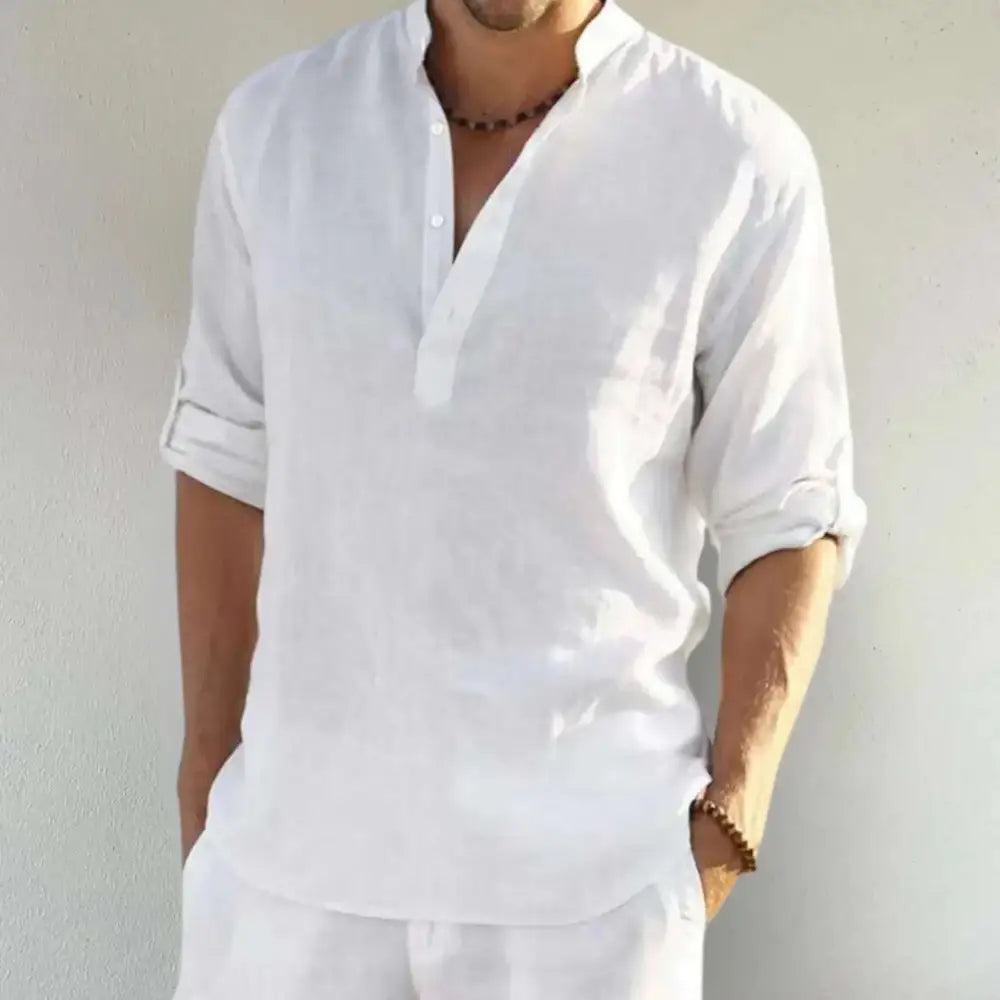 White linen shirt from Cool Linen & Solid Color Men Loose Shirts for a comfy look