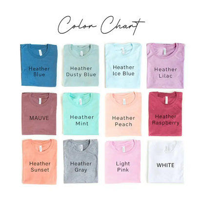 T-shirt color chart featuring Heather Lilac, Heather Dusty Blue, and Heather Ice Blue options