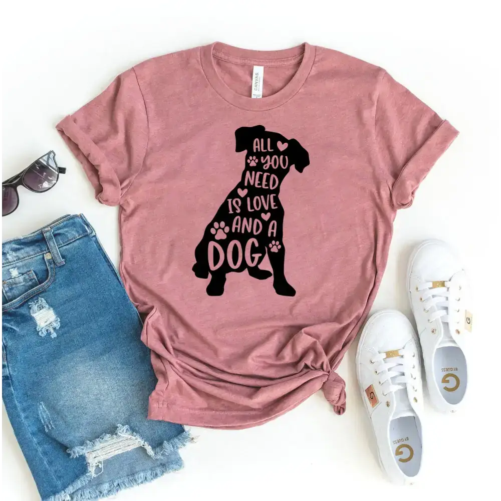 Mauve t-shirt with dog silhouette perfect for cool days in Heather Ice Blue