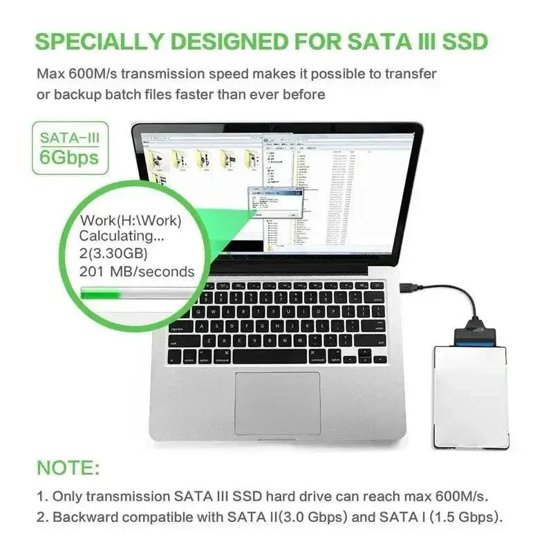 Coolcirc USB External HDD SSD Adapter connected to a laptop with SATA III SSD