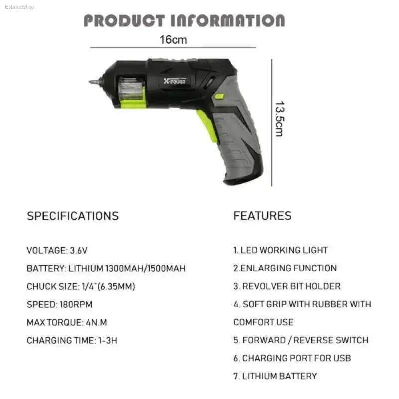 Cordless Electric Screwdriver with Adjustable Head and LED Light - Estalios