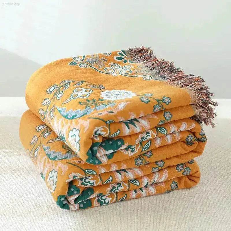 Cotton Gauze Fringed Throw Blanket for Cozy Home Decor - Estalios