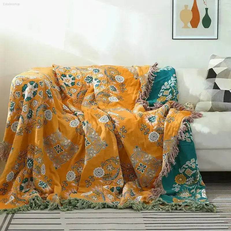 Cotton Gauze Fringed Throw Blanket for Cozy Home Decor - Estalios