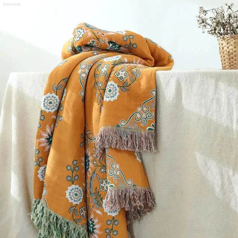 Cotton Gauze Fringed Throw Blanket for Cozy Home Decor - Estalios