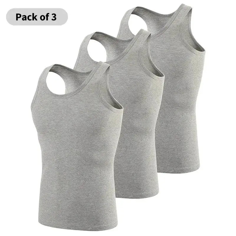 Three gray tank tops from Cotton Vest Fitness ideal for workout and fitness training