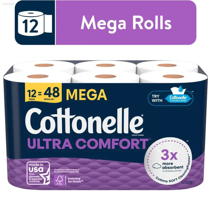Twelve mega rolls of Cottonelle Ultra Comfort toilet paper.
