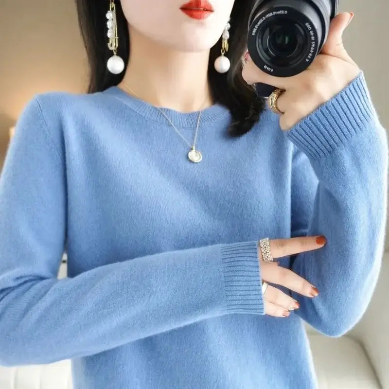 Light blue knit sweater from Cozy Cashmere Pullovers Continuous Updates for clearance pullovers