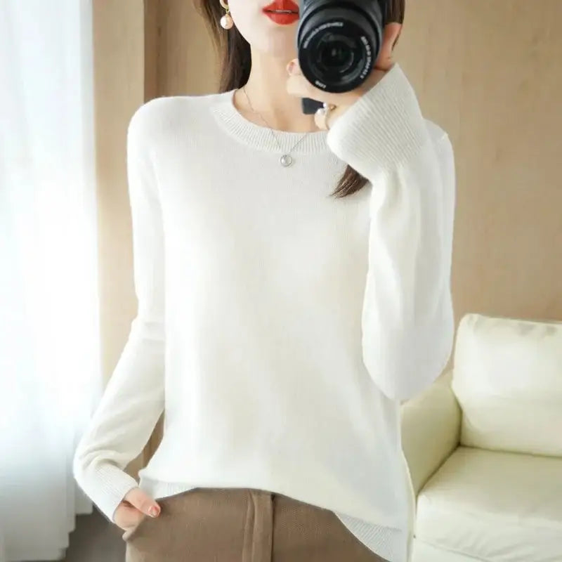 White long-sleeved sweater from Cozy Cashmere Pullovers Continuous Updates for cozy style