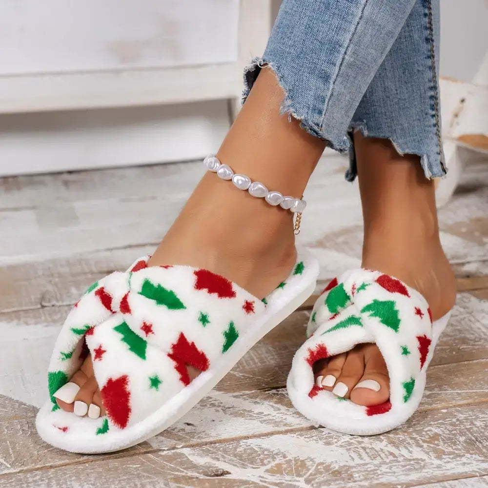 Cozy Christmas-themed fuzzy slippers perfect for awesome holiday shoe deals