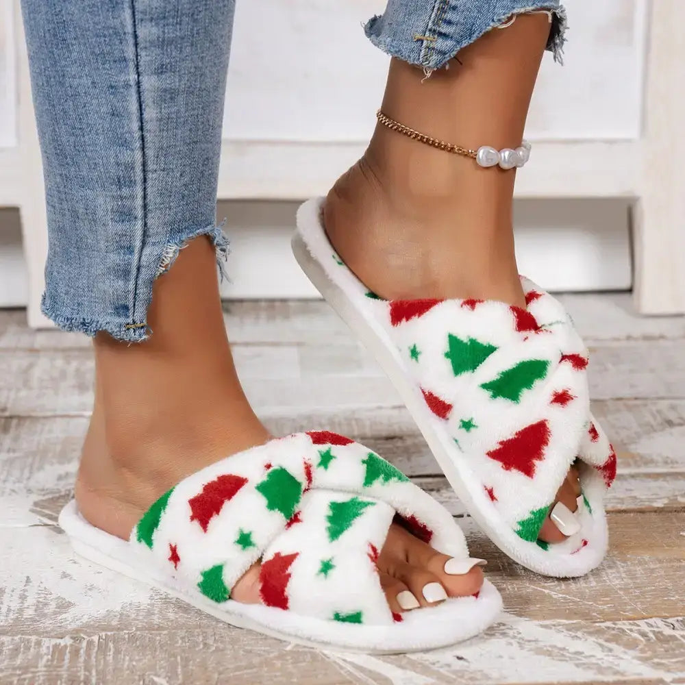 Fuzzy Christmas-themed slippers perfect for cozy Christmas shoe deals for women