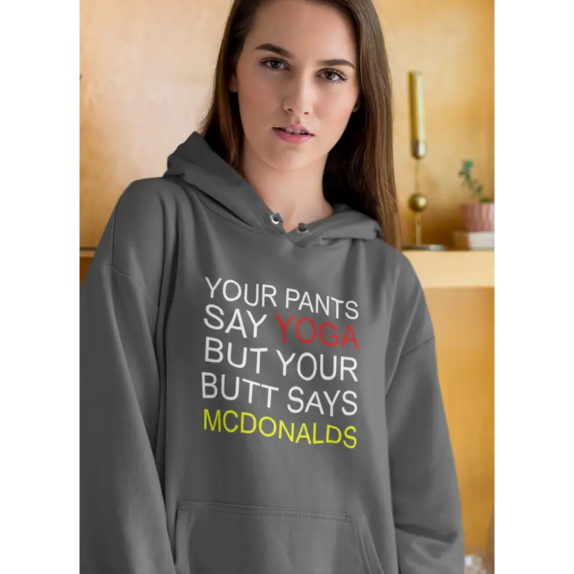 Gray hoodie with funny text, perfect for cozy fleece lining and yoga pants