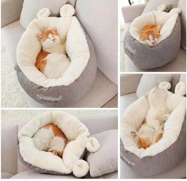 Cozy Gray and White Plush Pet Bed with Fun Ears - Estalios