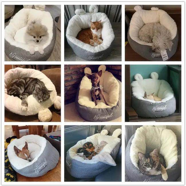 Cozy Gray and White Plush Pet Bed with Fun Ears - Estalios