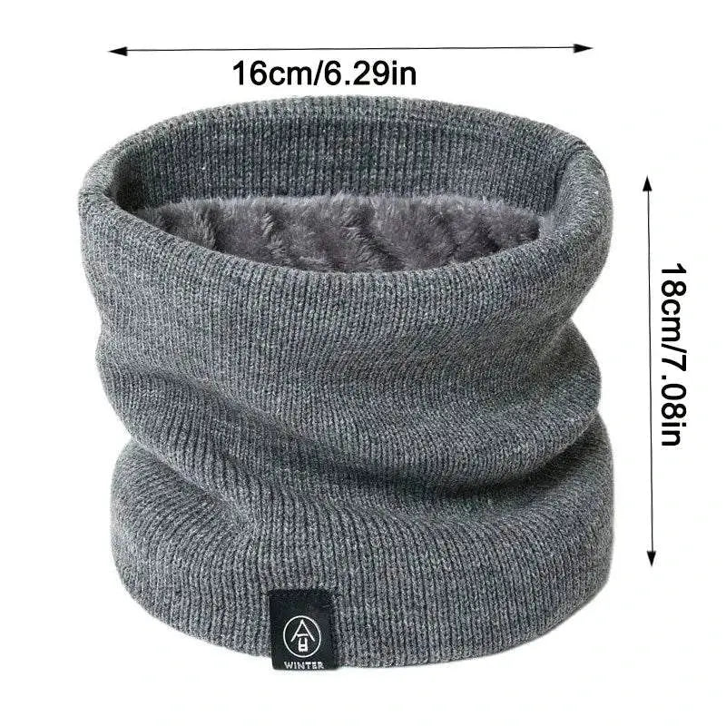 Gray knitted neck warmer with plush lining, perfect as a women’s knitted scarf or winter snood