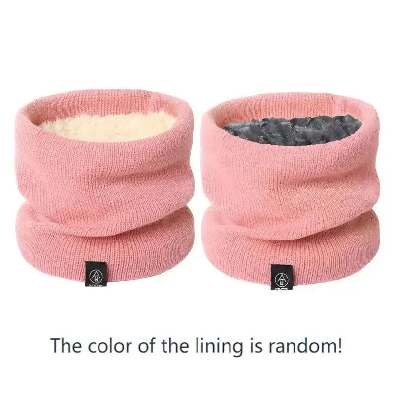 Pink knit neck warmers with fun linings perfect for a cozy winter snood look