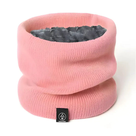 Pink knitted neck warmer with gray fleece lining, perfect women knitted scarf for winter