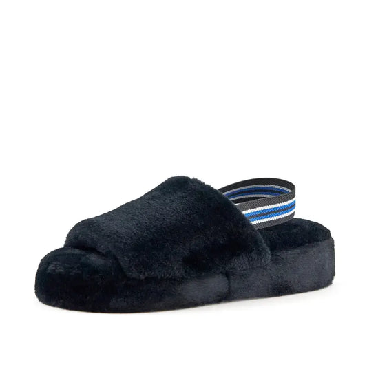 Black faux fur slipper with patterned slingback strap from Cozy Lisbon Faux Fur collection