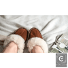 Cozy Chic Brown Suede Slippers with Plush White Fur Trim - Estalios