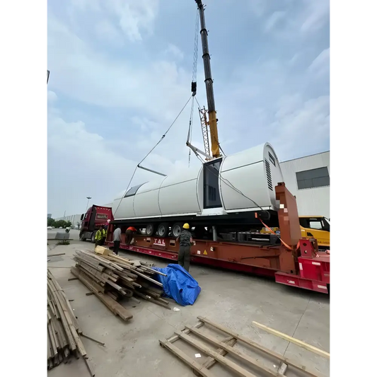 Cylindrical white prefabricated boat house lifted by crane for Venice yacht style villa