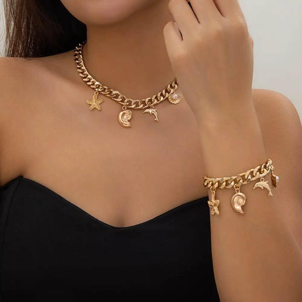 Creative Boho Conch Dolphin Starfish Choker Necklace Bracelet - Estalios