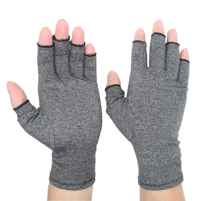 Gray compression arthritis gloves with open fingertips for effective pain relief