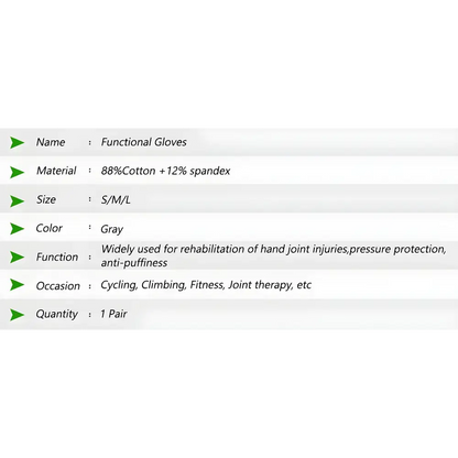 Functional glove specifications for Compression Arthritis Gloves designed for pain relief