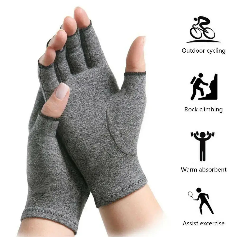 Gray fingerless compression gloves for arthritis pain relief and comfort