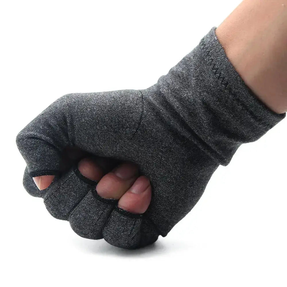 Gray compression arthritis gloves with fingertip design for ultimate pain relief