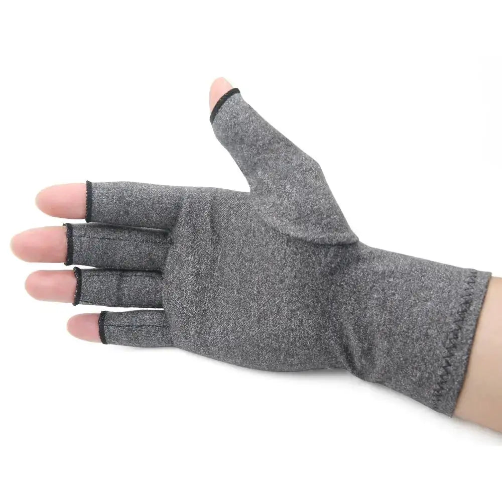 Gray compression arthritis gloves with open fingertips for ultimate pain relief