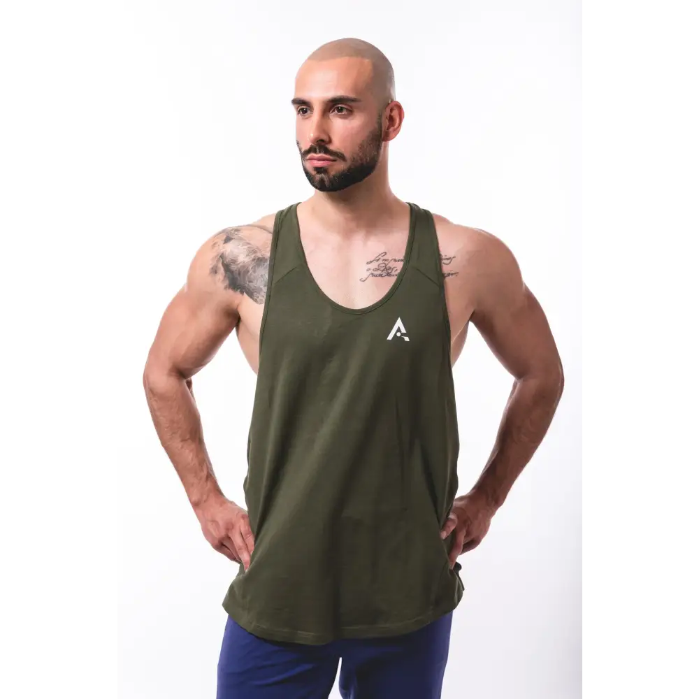 Olive green tank top from Crush Workouts in a stylish mens fitness stringer